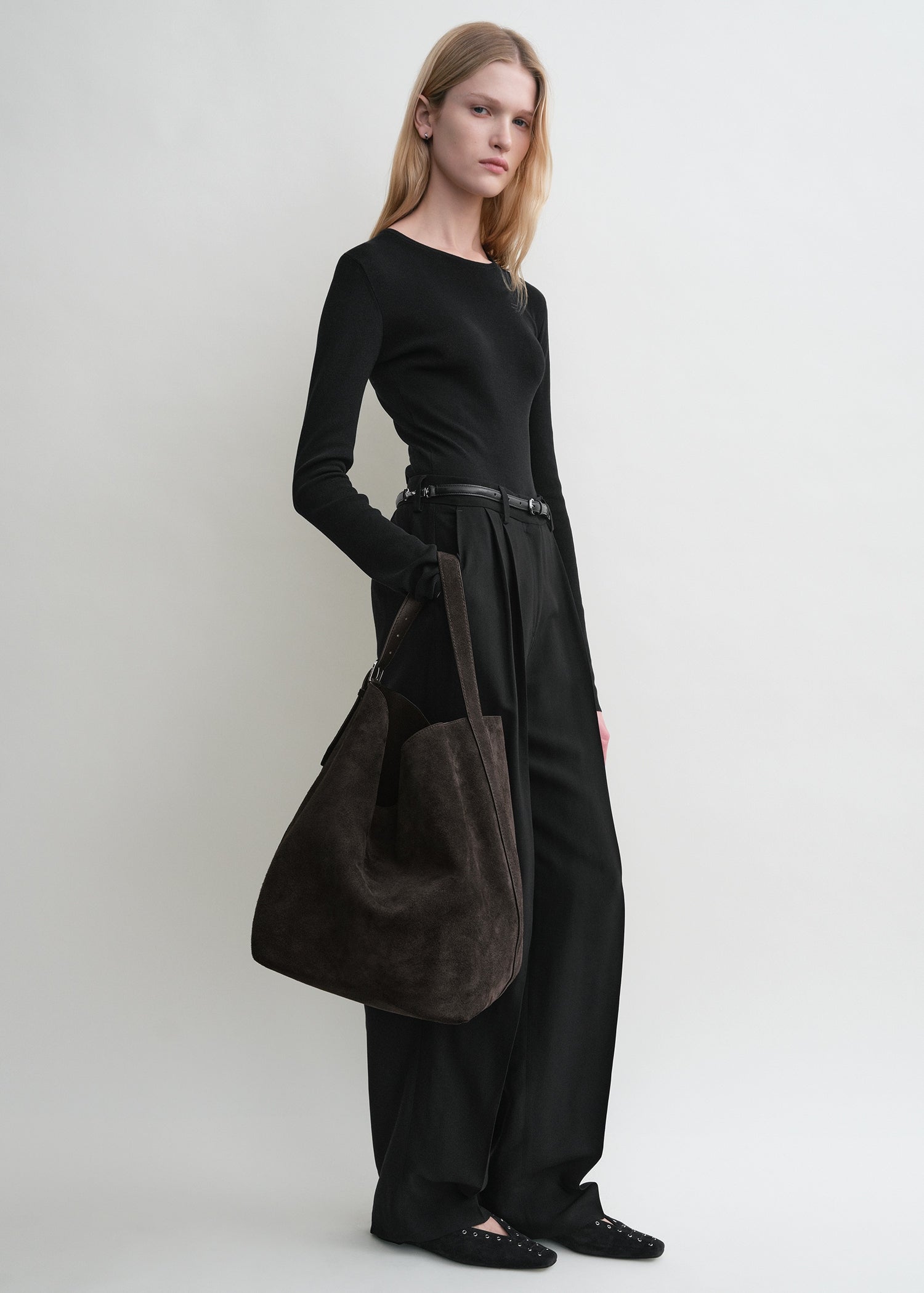 Belted suede tote espresso