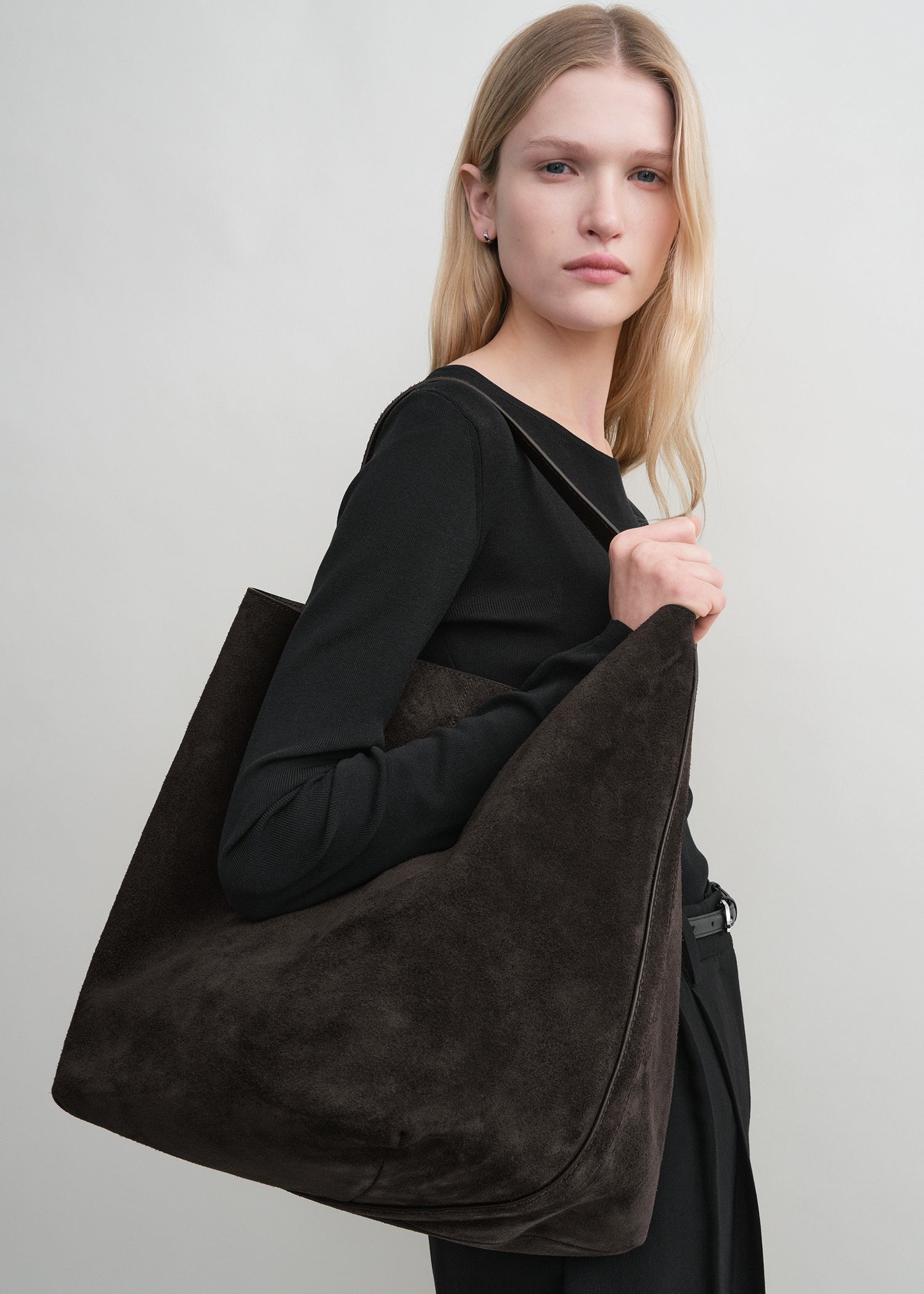 Belted suede tote espresso