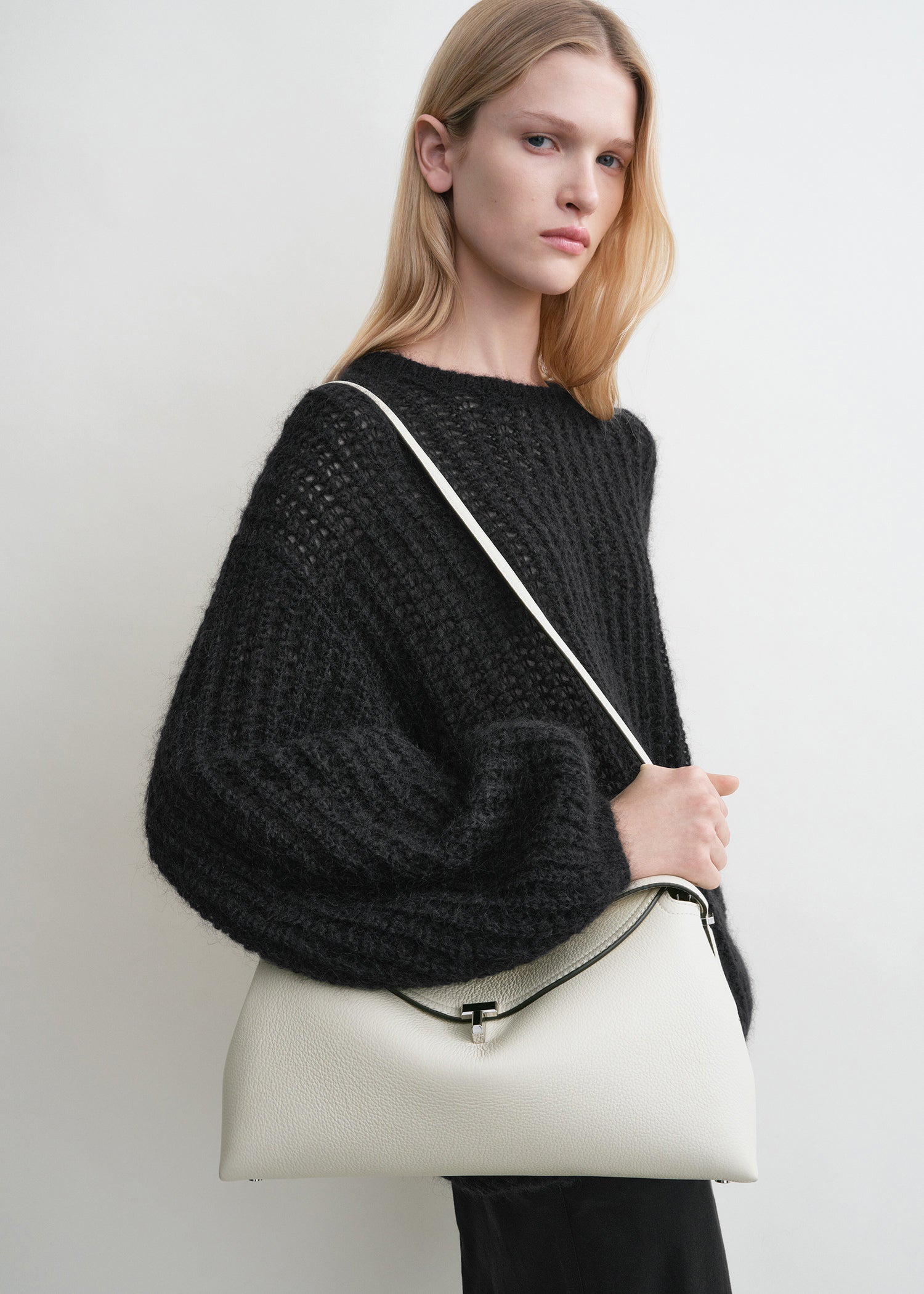 T-Lock grained-leather top handle milk