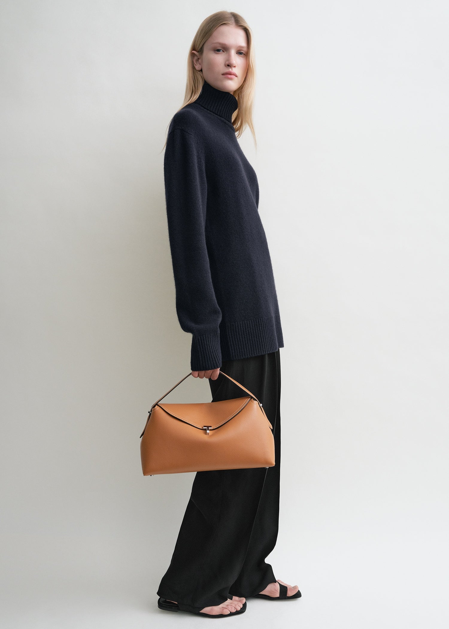 T-Lock grained-leather top handle tan