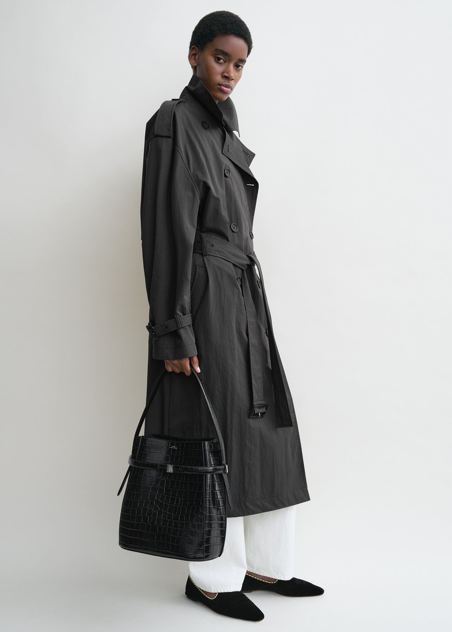 Belted croco-embossed bucket bag black