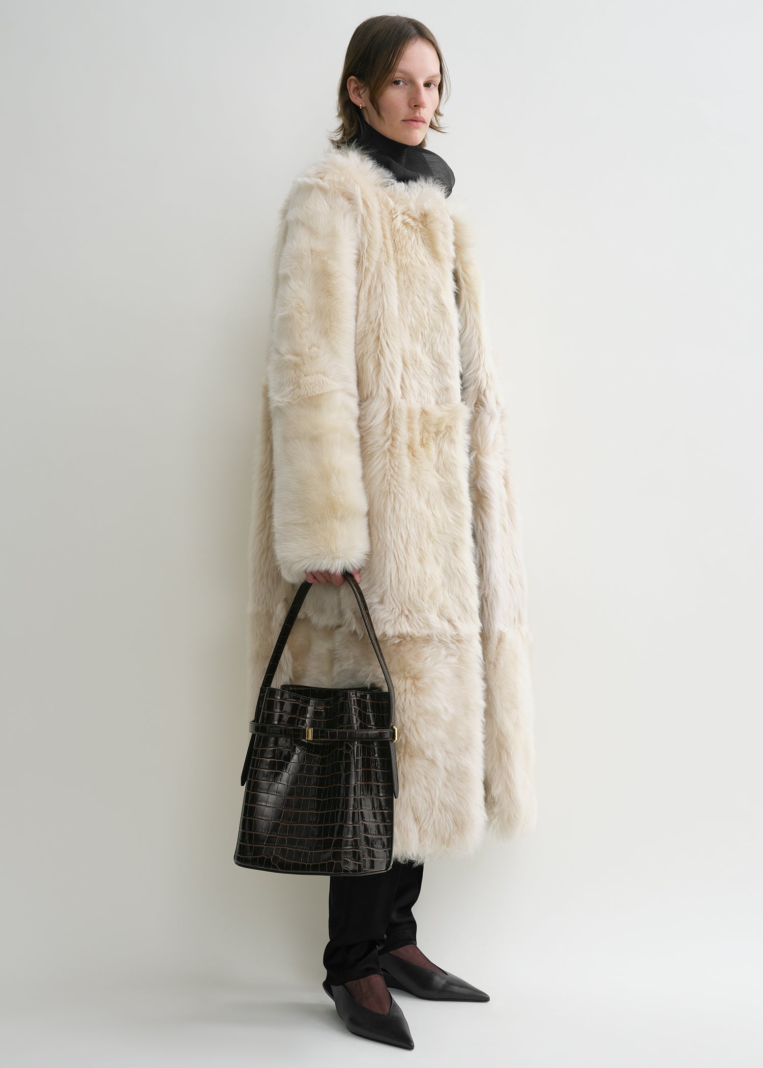 Belted croco embossed bucket bag dark brown