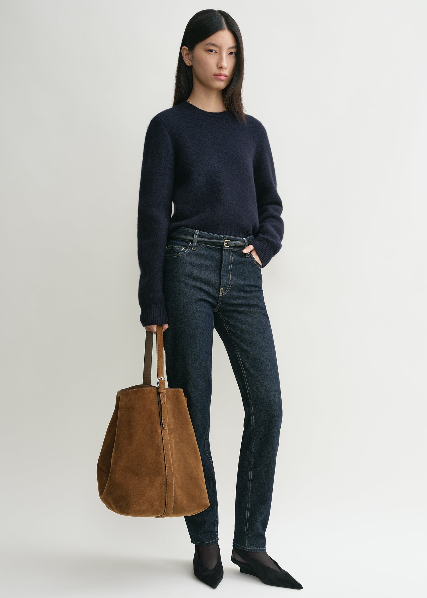 Belted suede tote tan