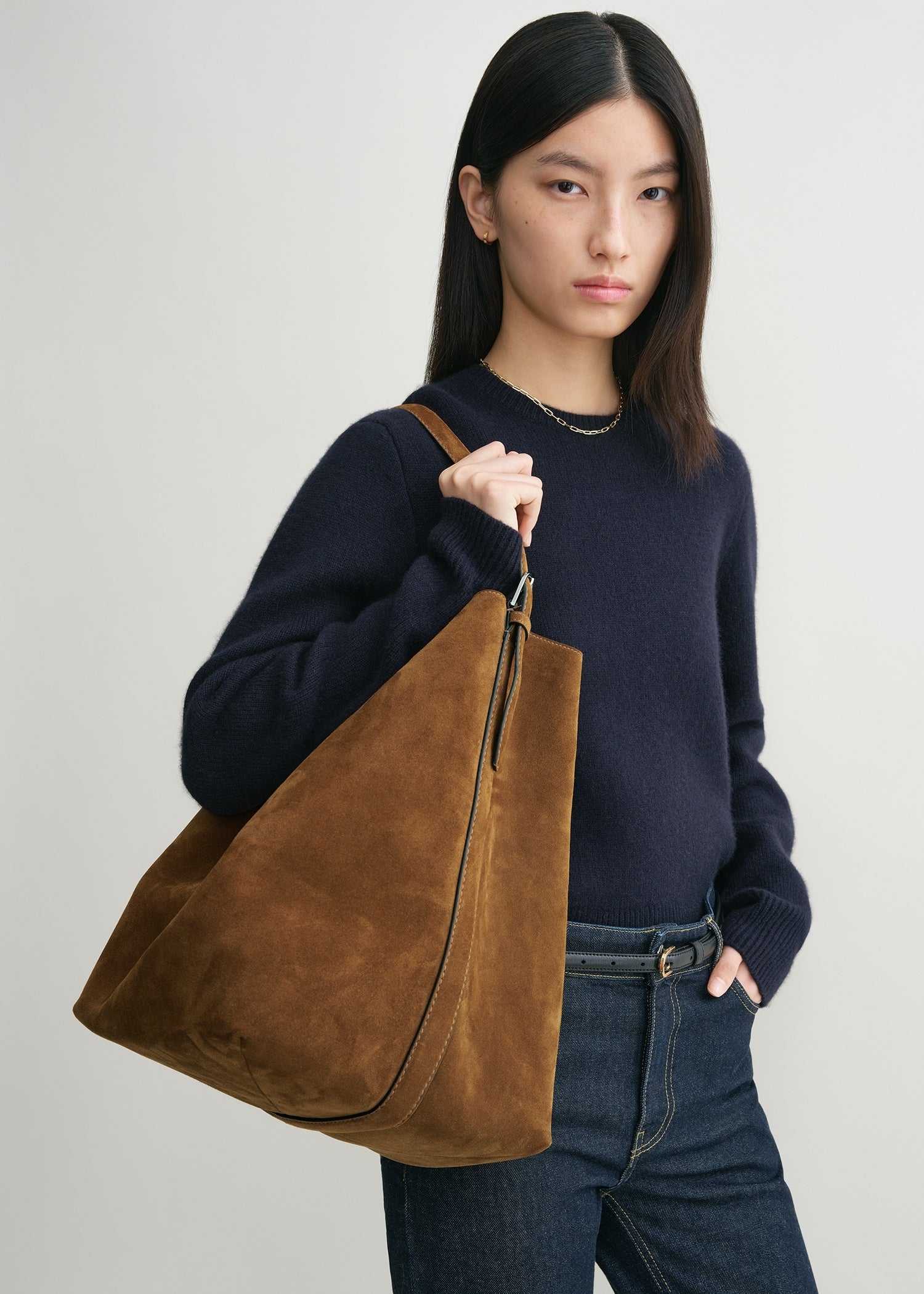 Belted suede tote tan