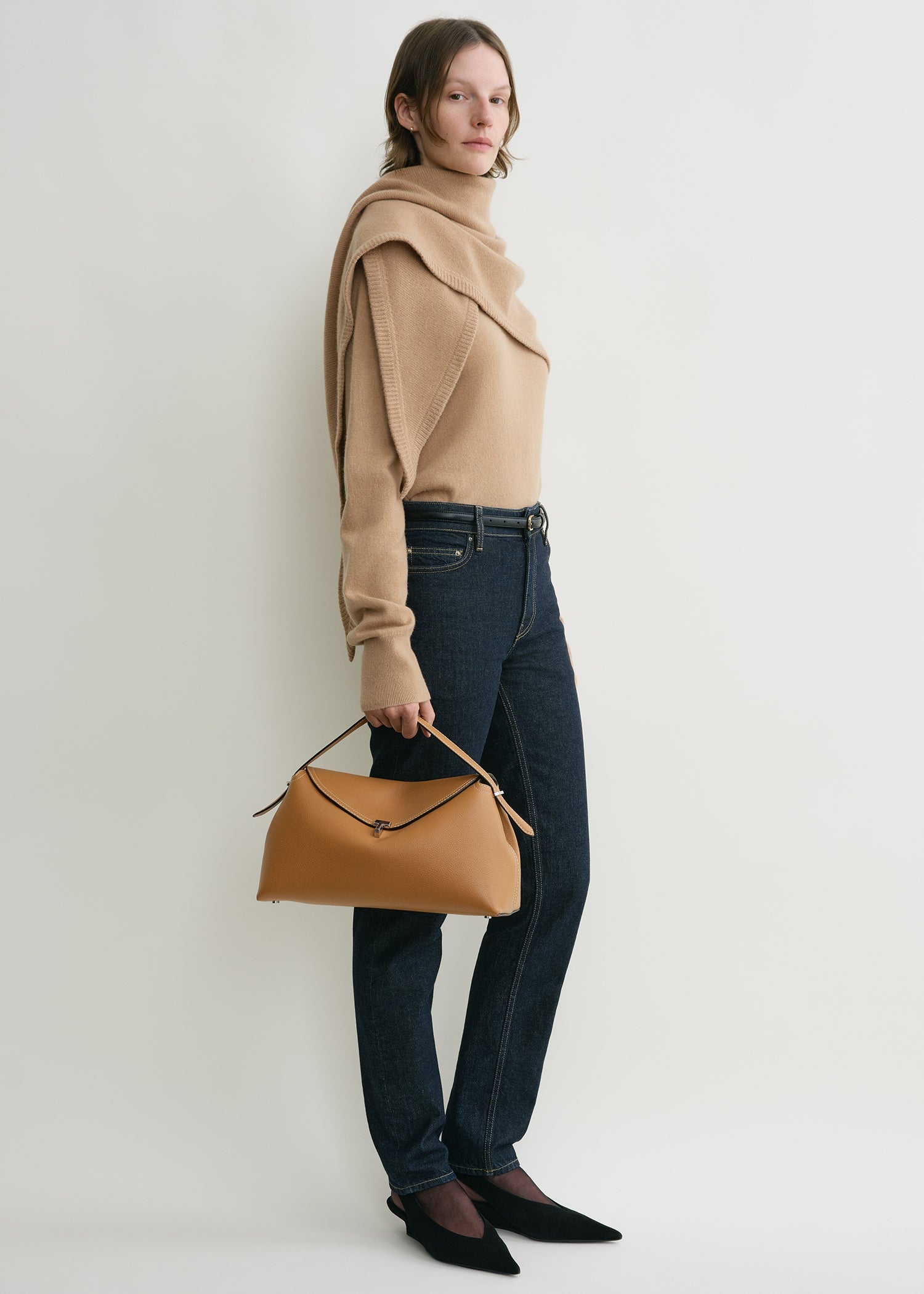 T Lock grained leather top handle tan TOTEME