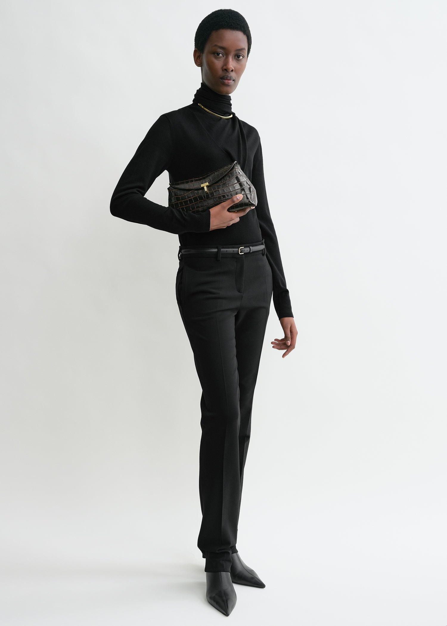 T-Lock croco-embossed clutch dark brown