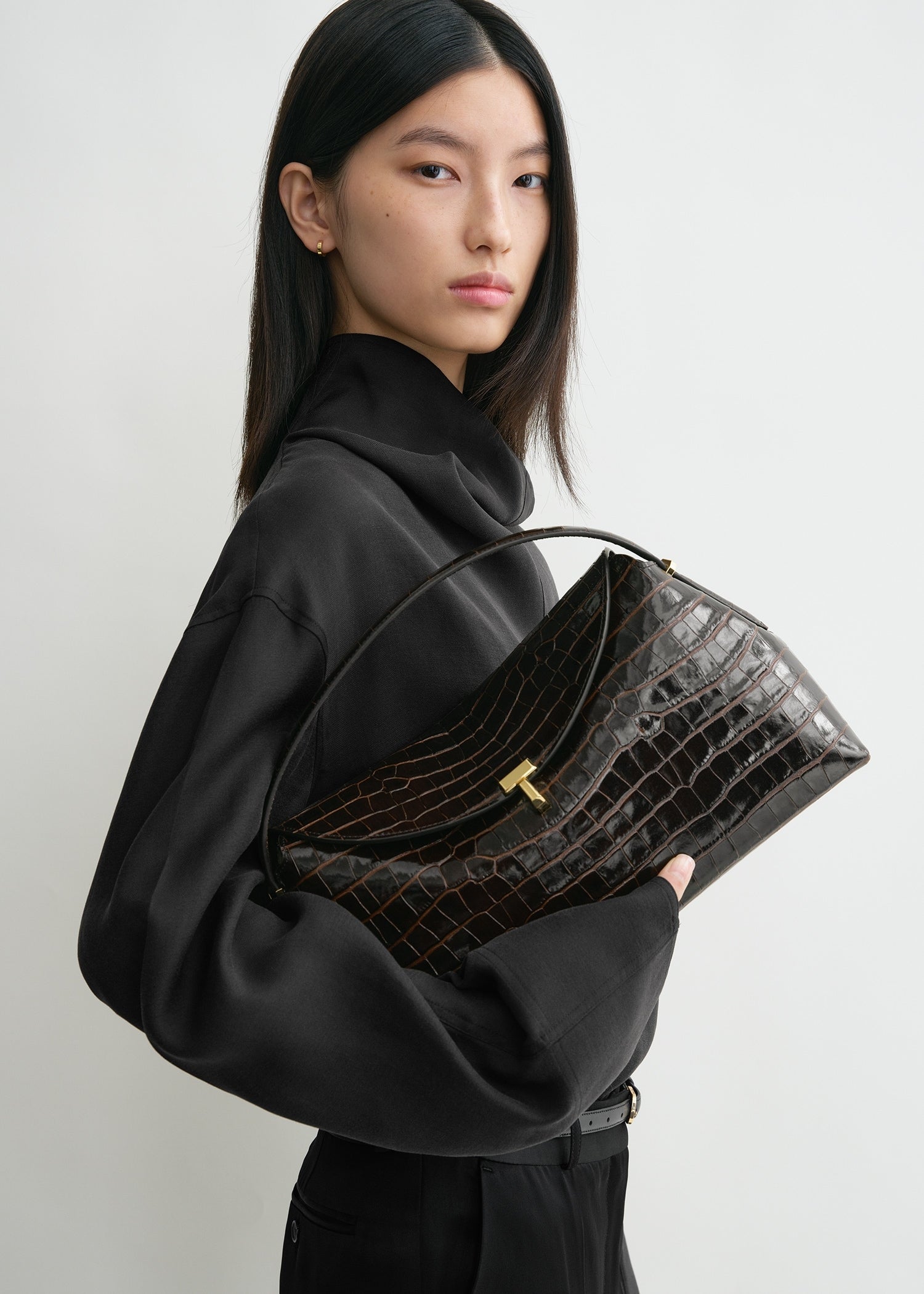 T-lock croco-embossed top handle dark brown