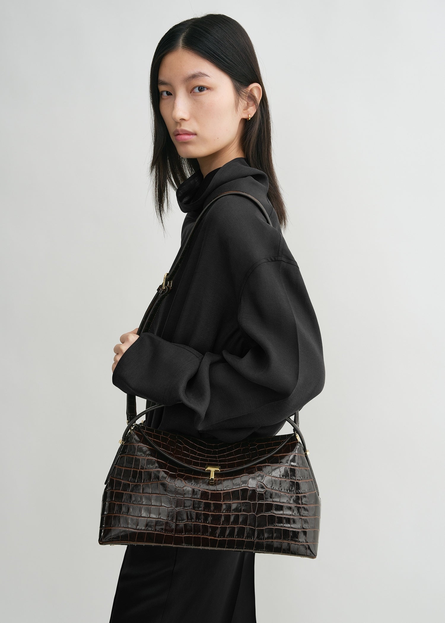 T-lock croco-embossed top handle dark brown