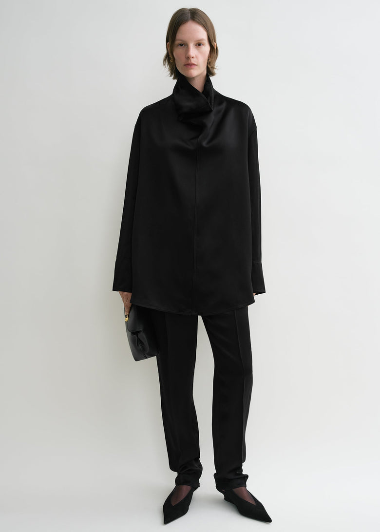 Funnel-neck satin blouse black