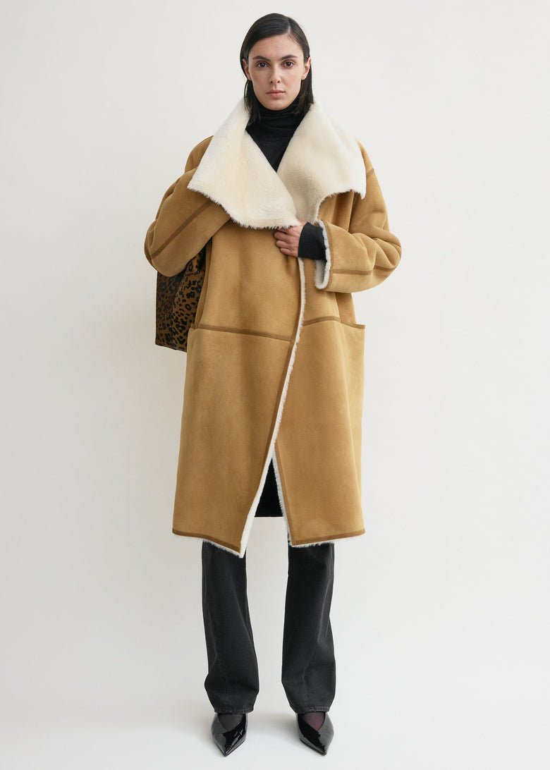 Draped shearling coat tan
