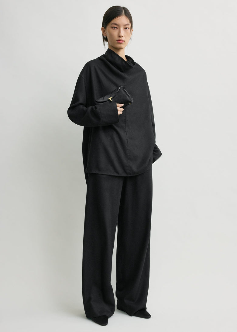 Funnel-neck flannel top black petite