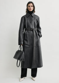 Belted leather coat black