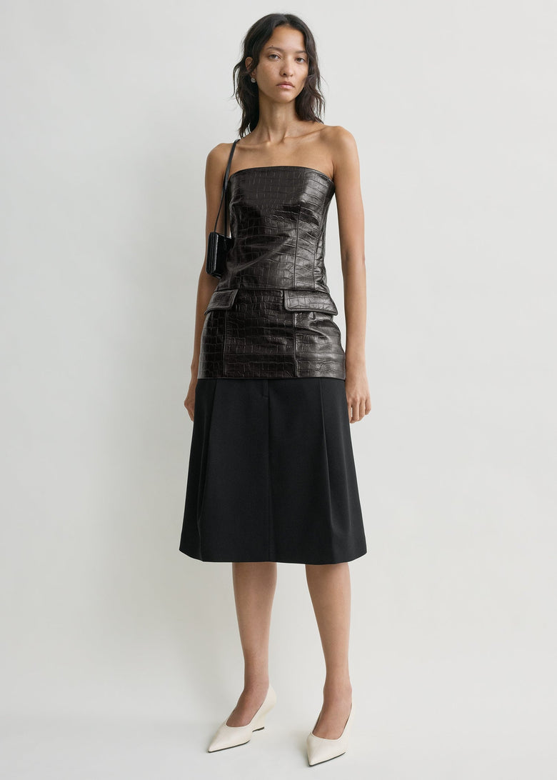 Strapless croco-embossed pocket top dark brown