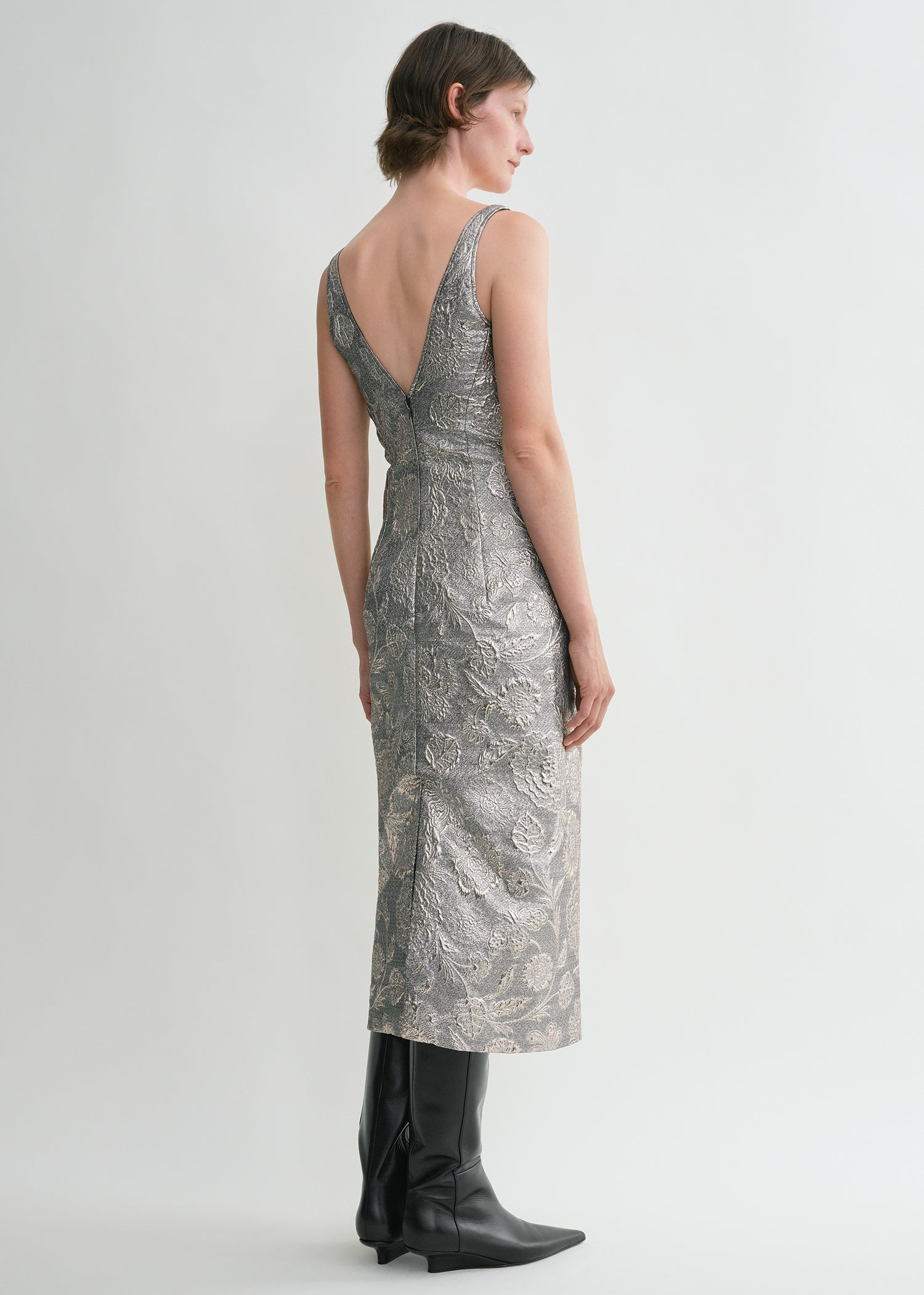 V-neck brocade dress silver