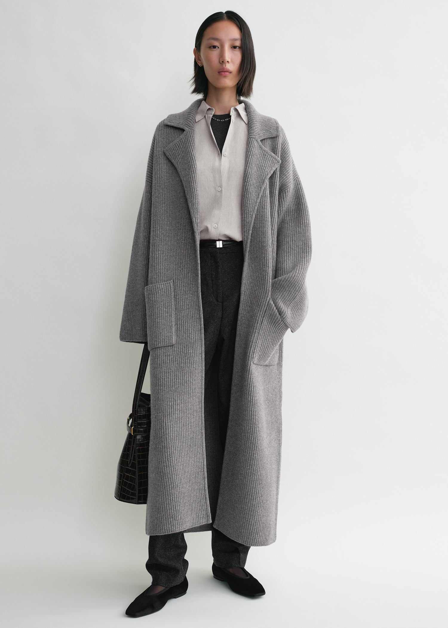 Rib knit cardi coat grey melange