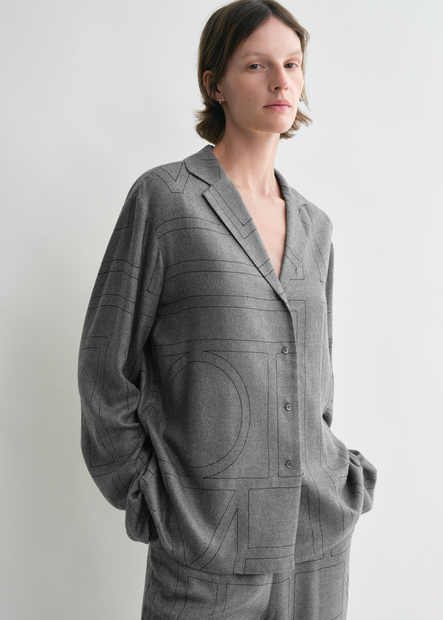 Monogram flannel pj top smoke melange