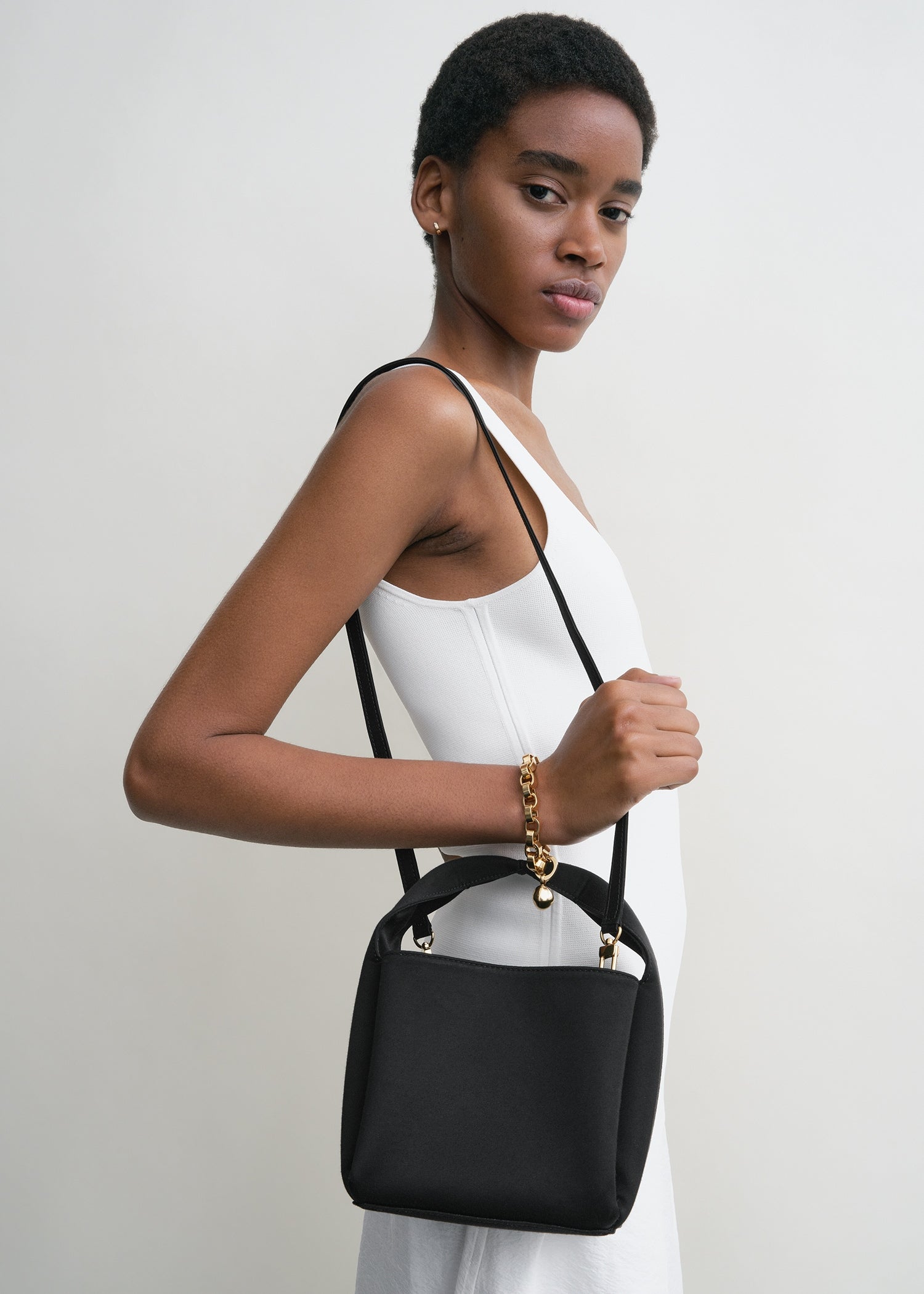 Petite satin bucket bag black
