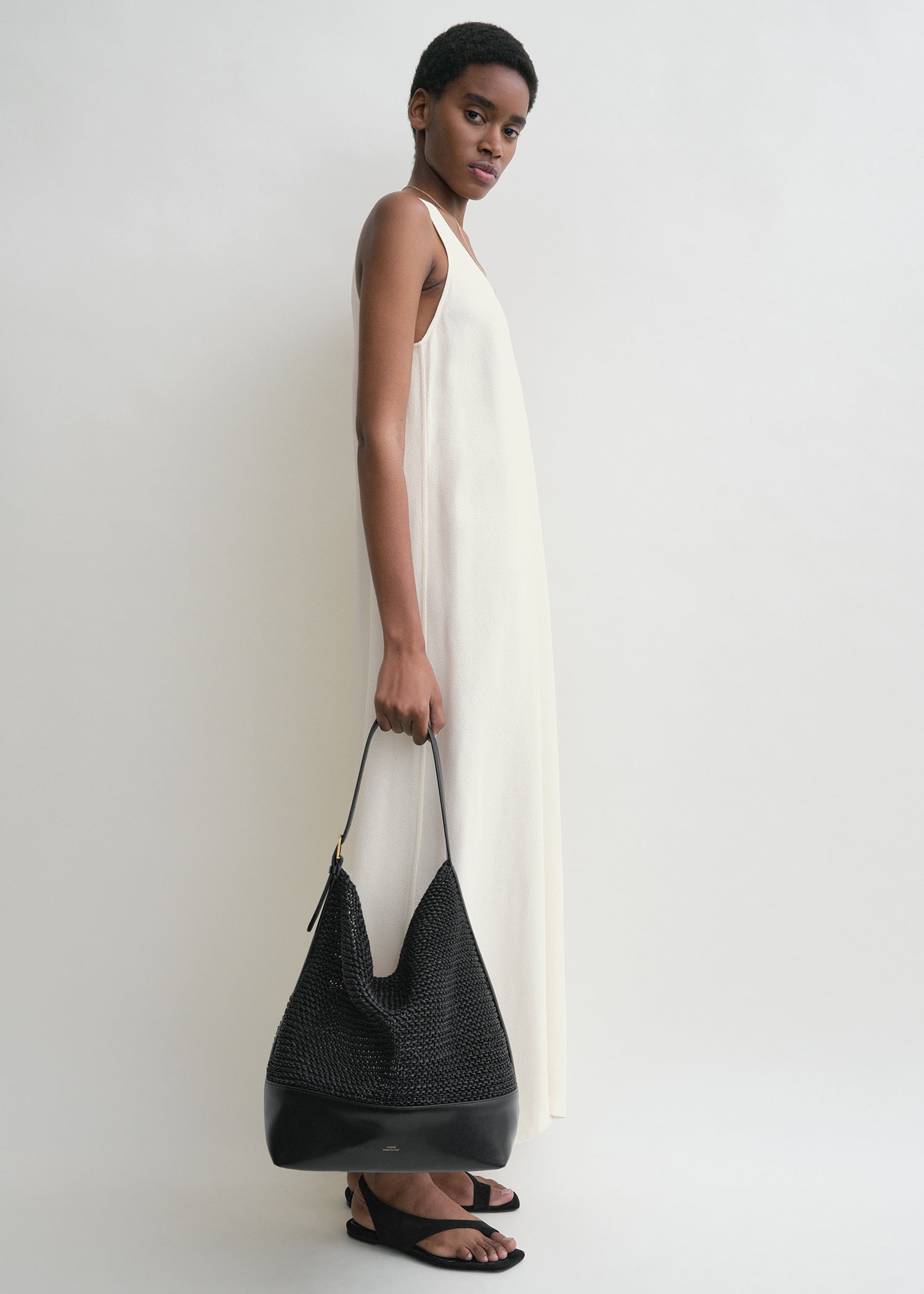 Belted woven-leather tote black