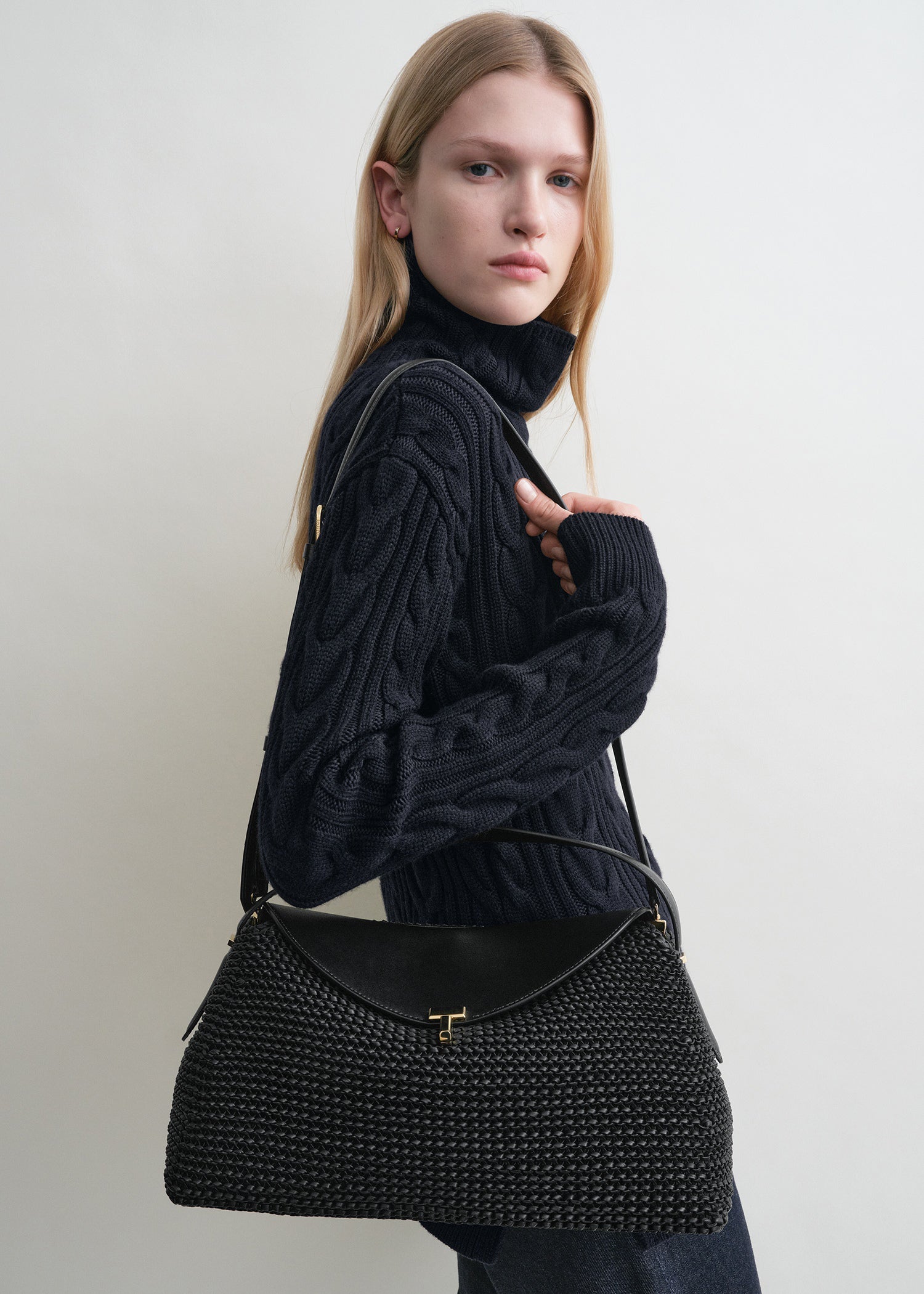 T-Lock woven-leather top handle black
