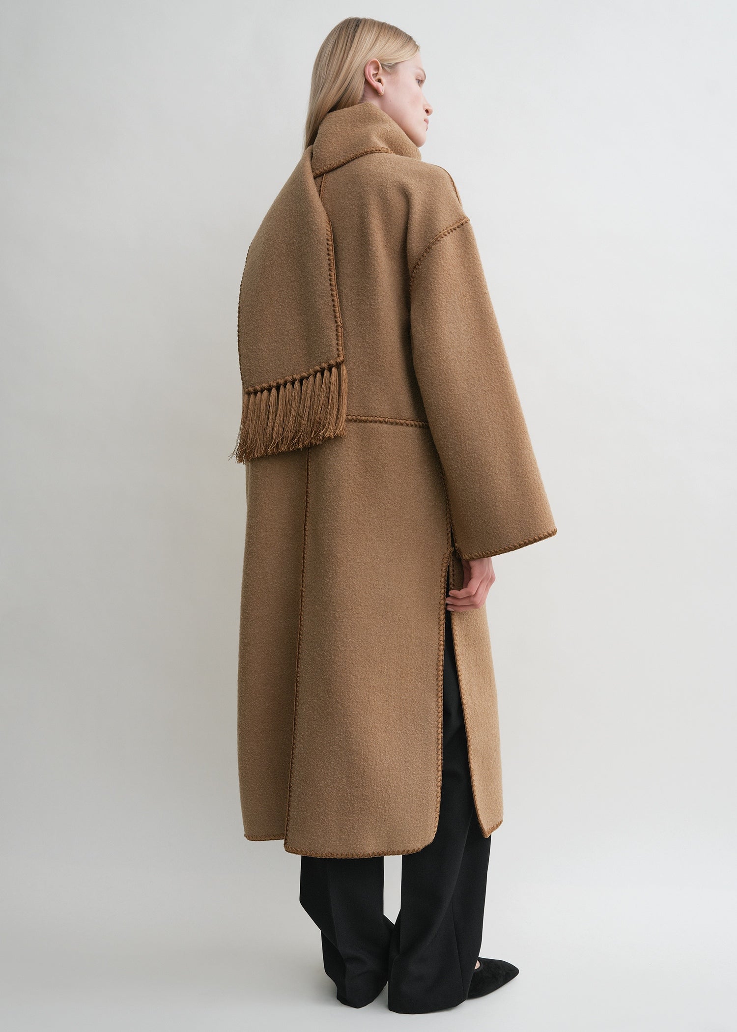 Embroidered scarf coat camel