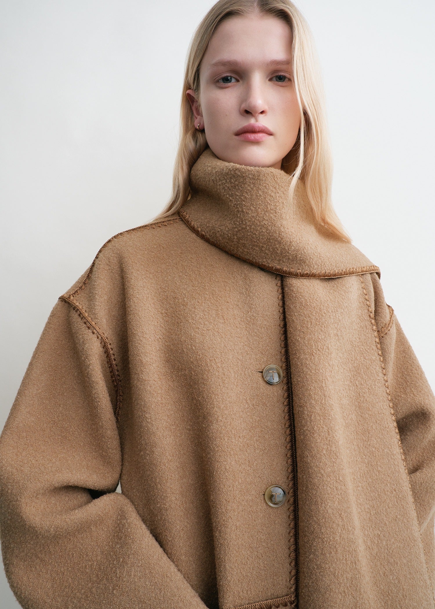 Embroidered scarf coat camel