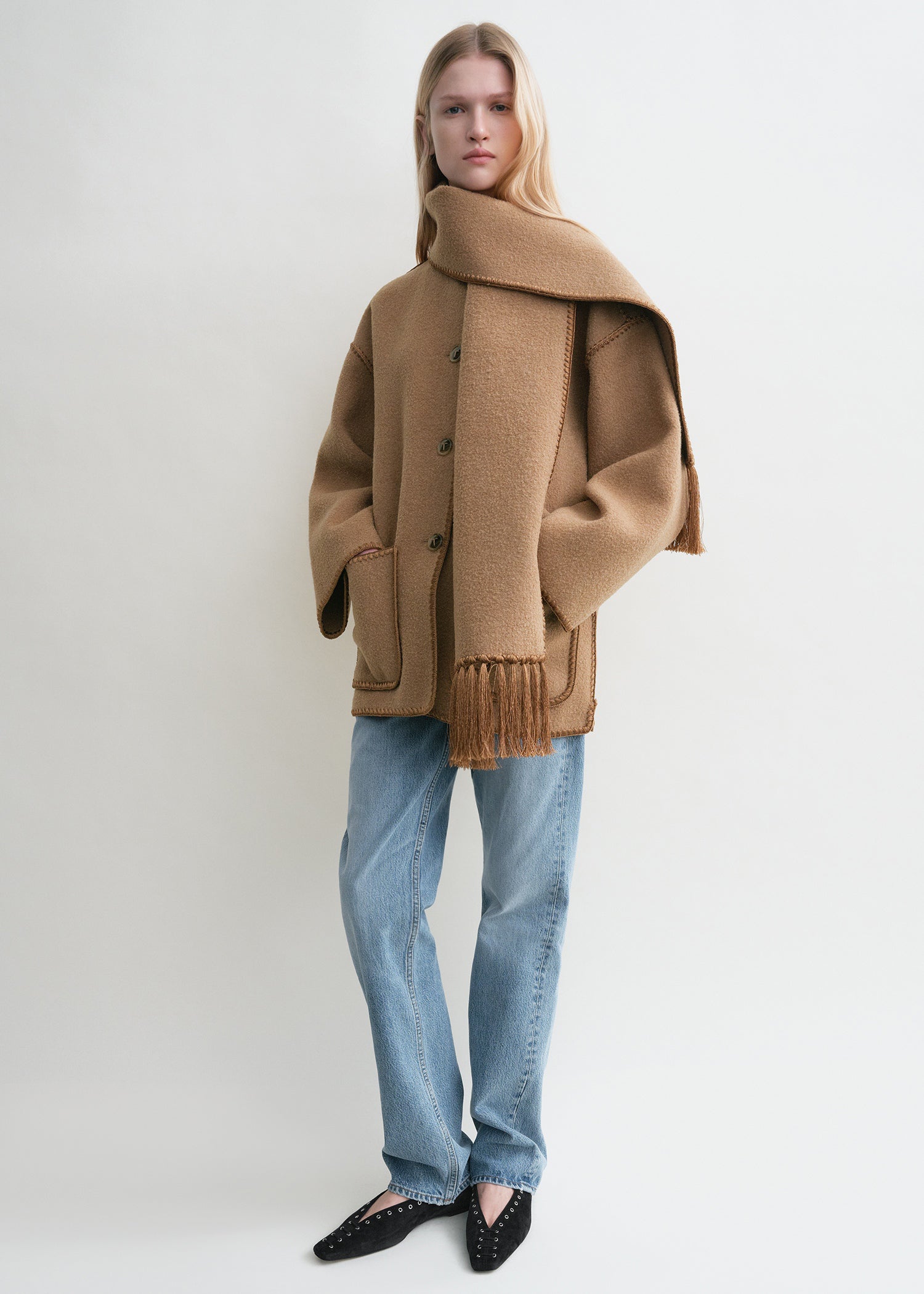 Embroidered scarf jacket camel