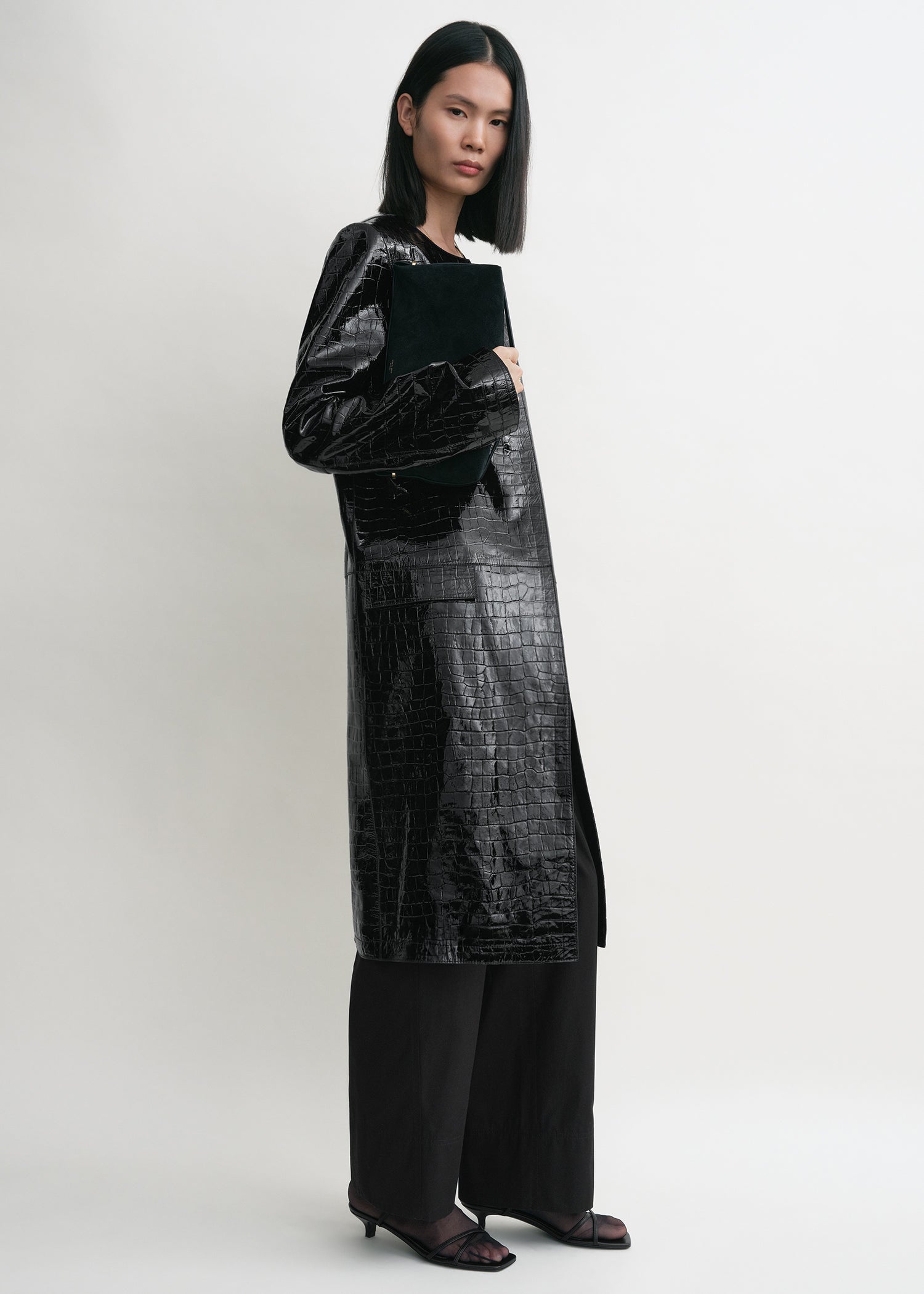 Croco-embossed coat black