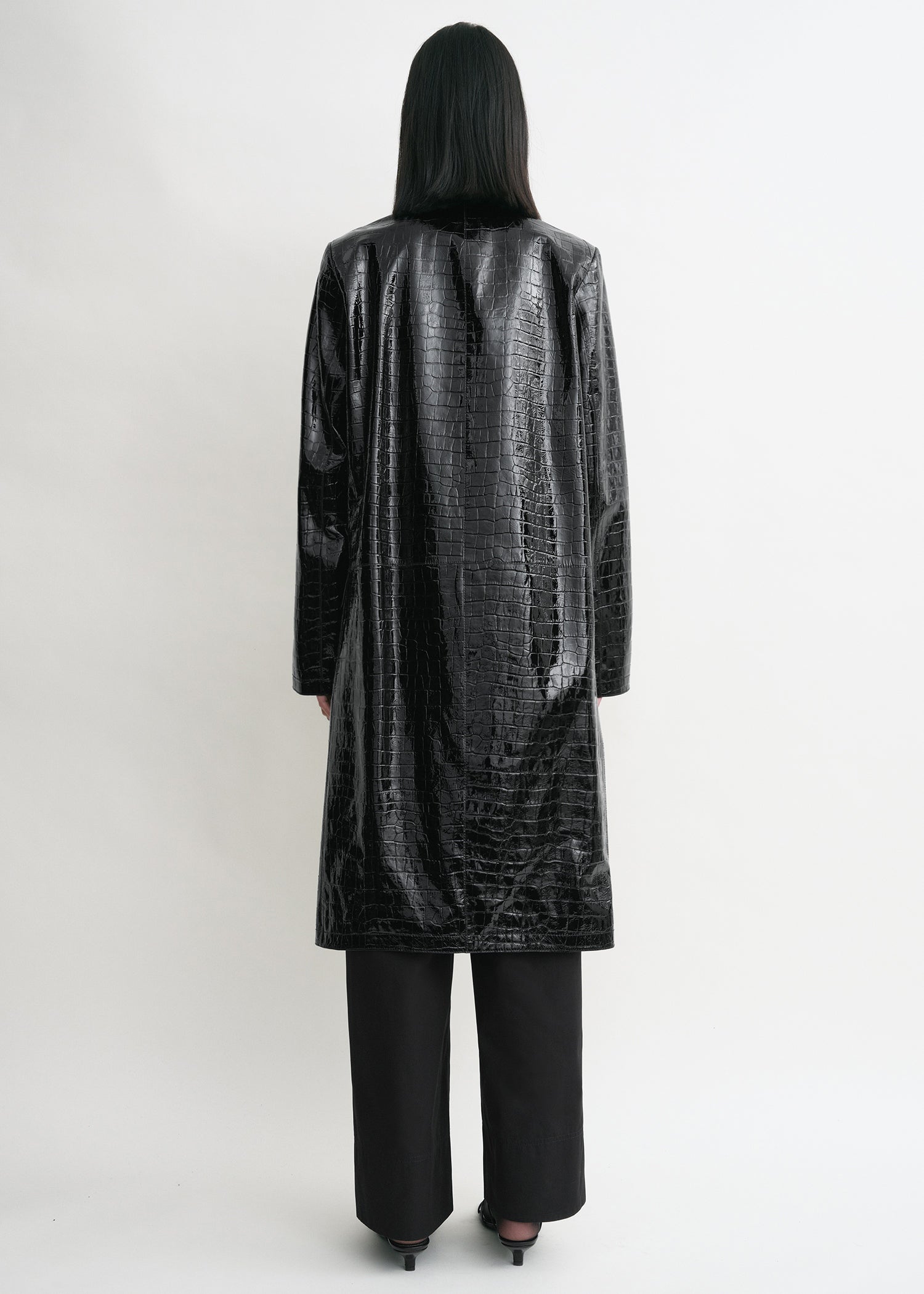 Croco-embossed coat black