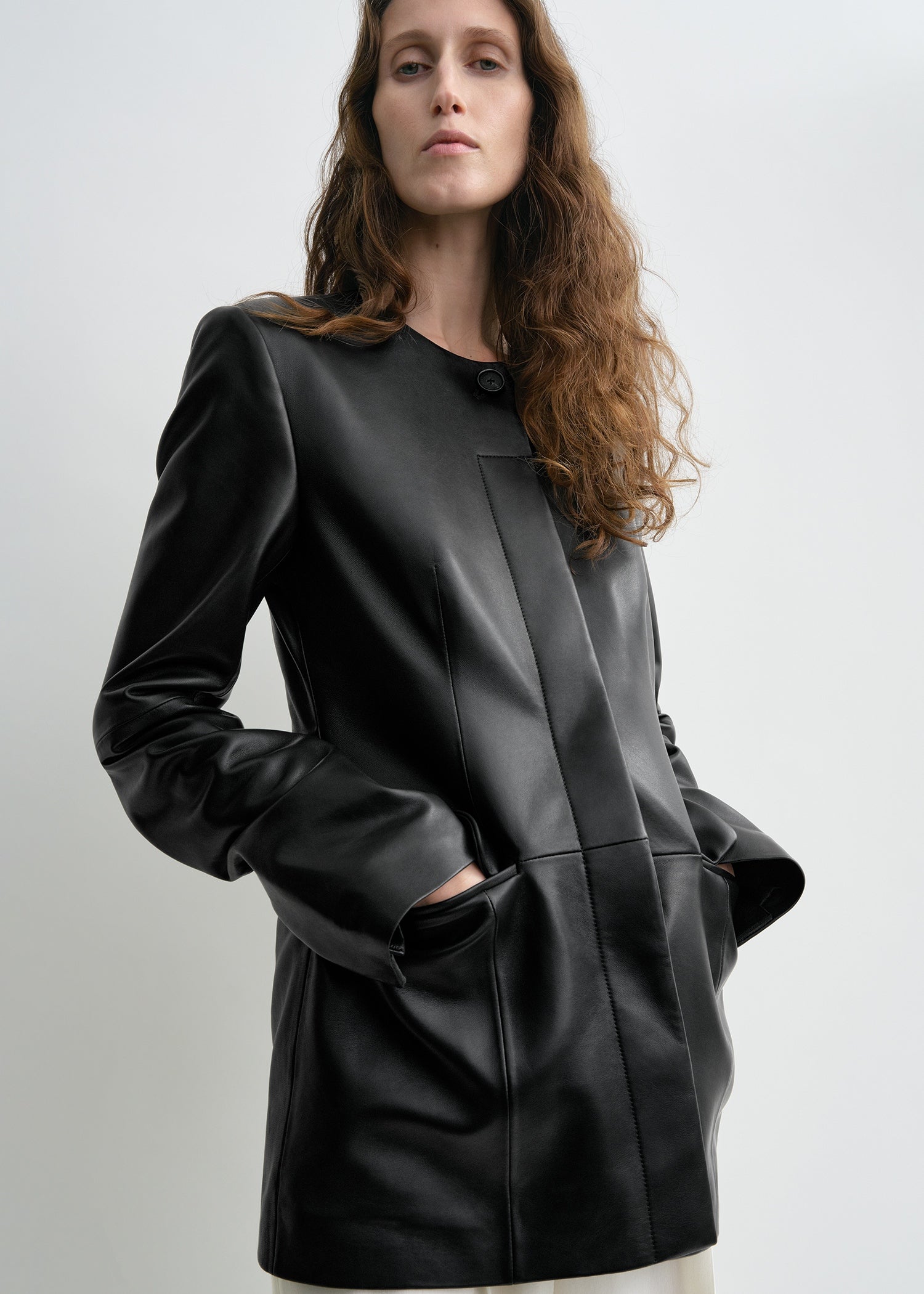 Collarless leather jacket black