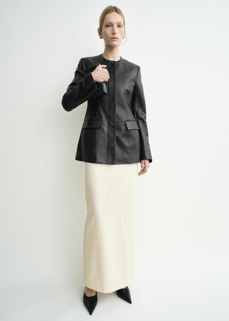 Collarless leather jacket black petite