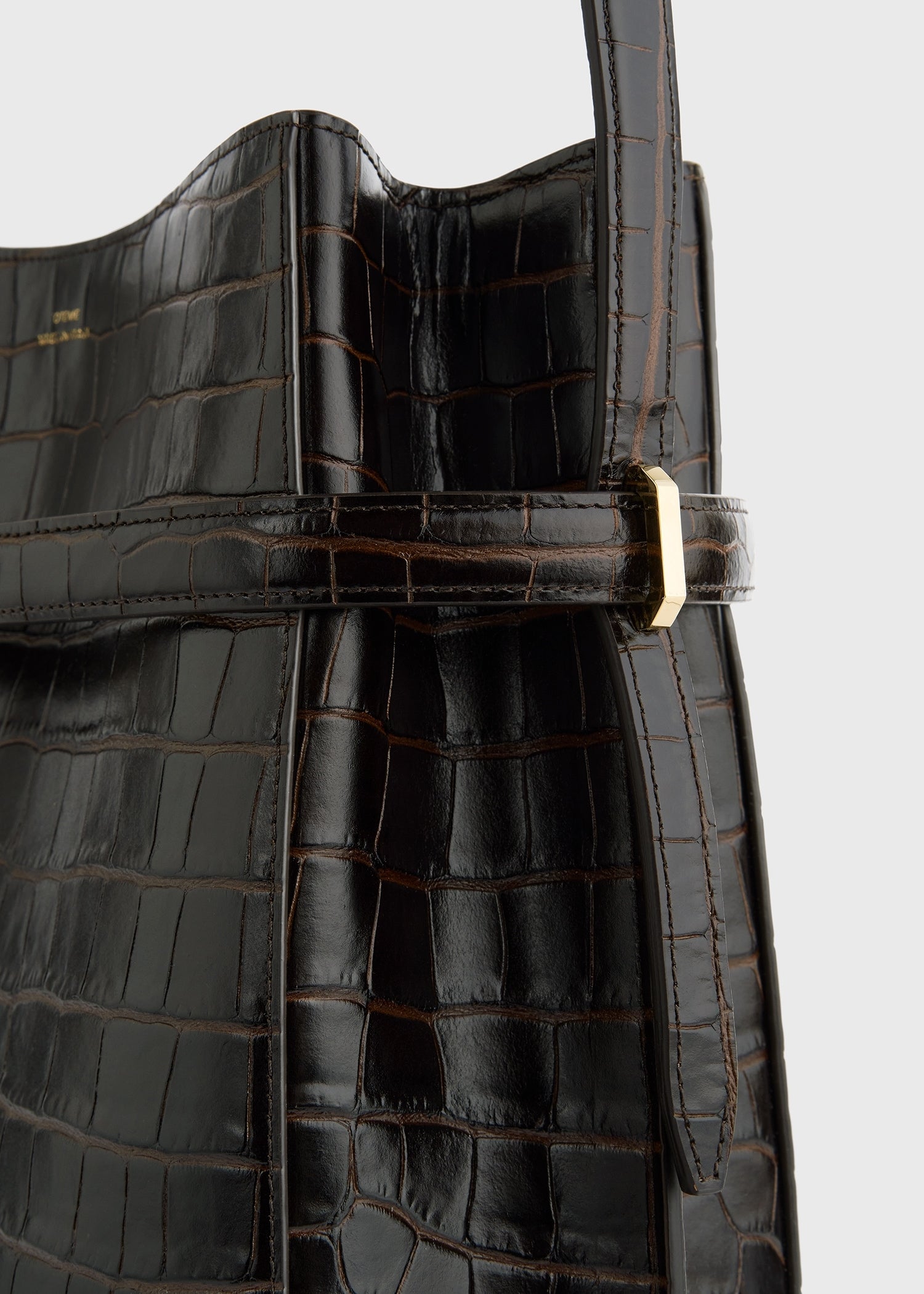Belted croco embossed bucket bag dark brown TOTEME