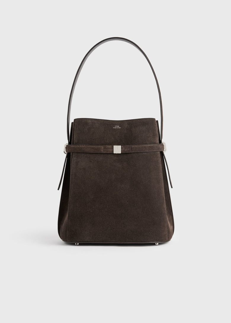 Belted suede bucket bag brown