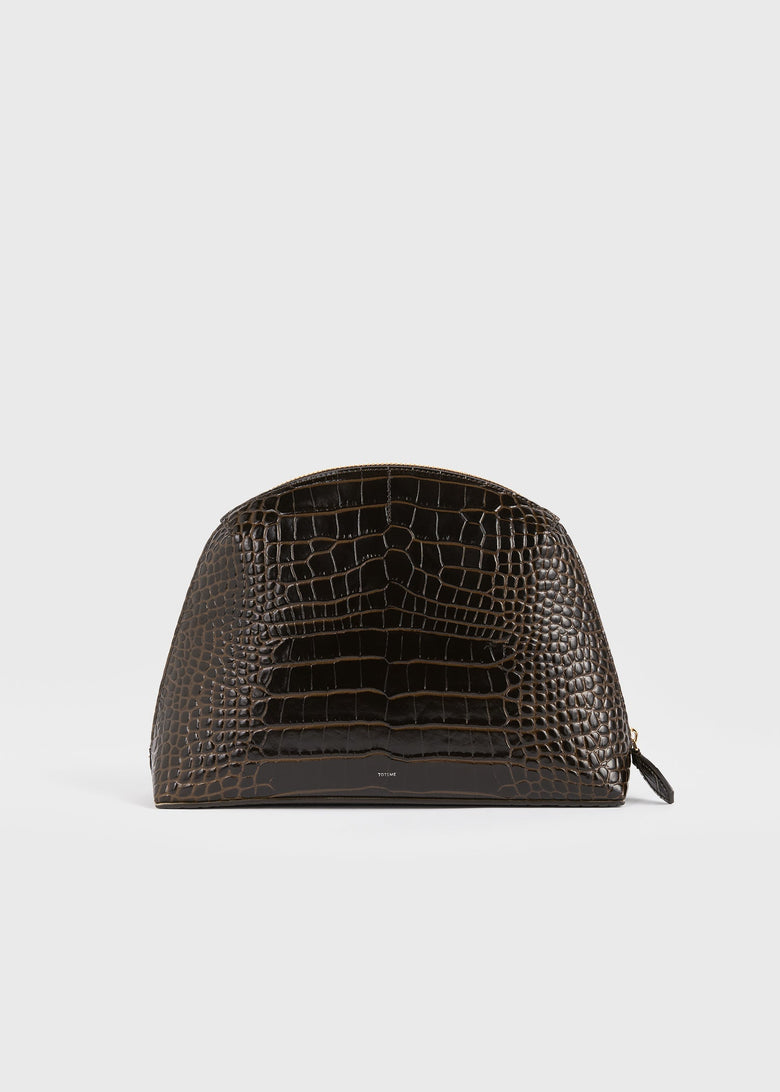 Medium croco-embossed day pouch dark brown