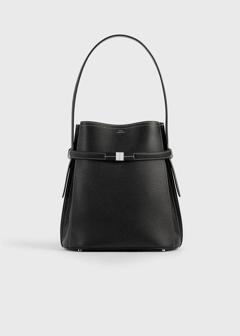 Belted grained-leather bucket bag black