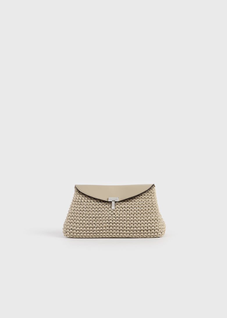 Mini T-lock woven-leather clutch fawn