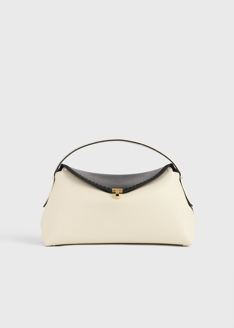 T-lock embroidered leather top handle black/milk