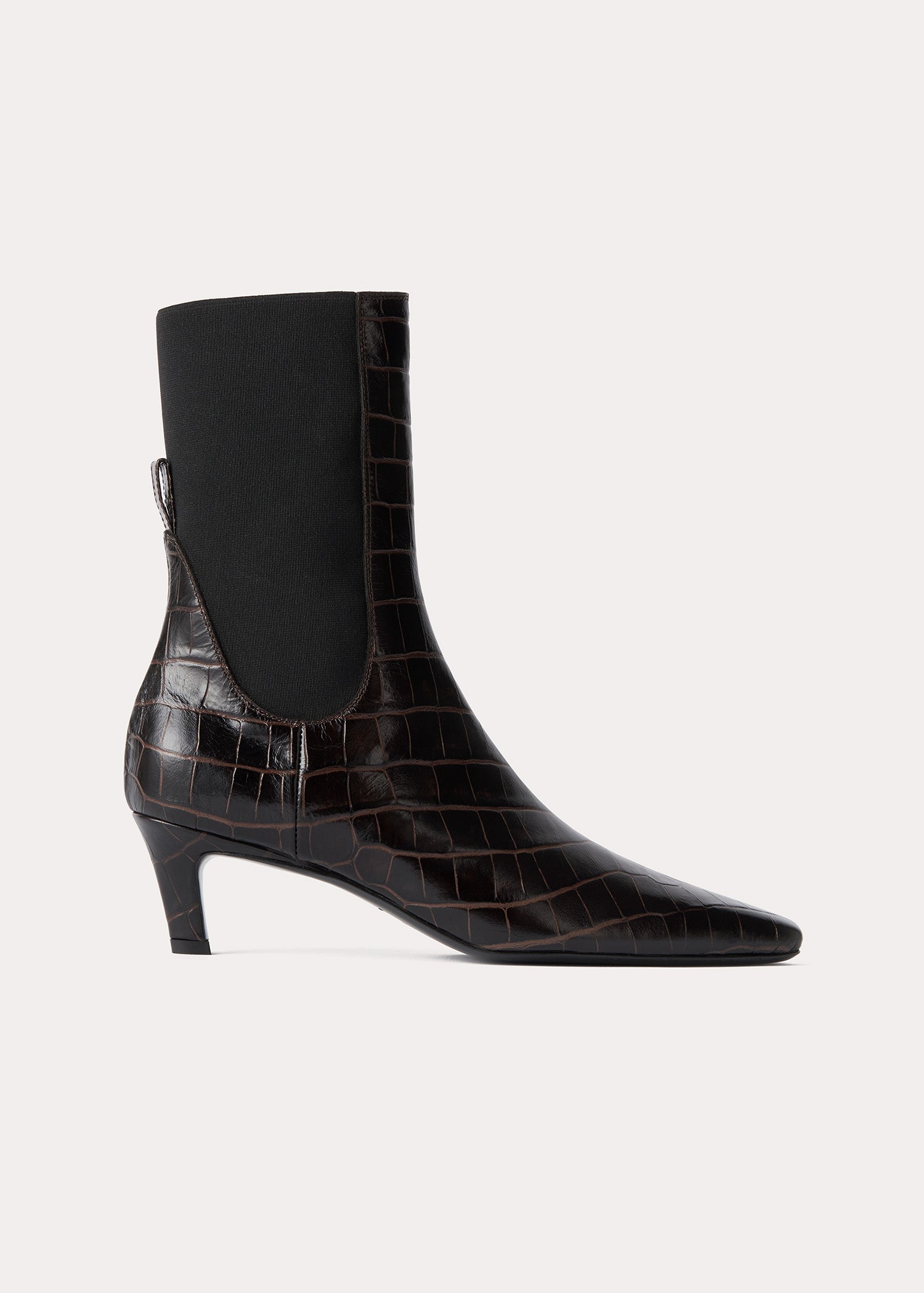 Croco embossed mid heel boots dark brown